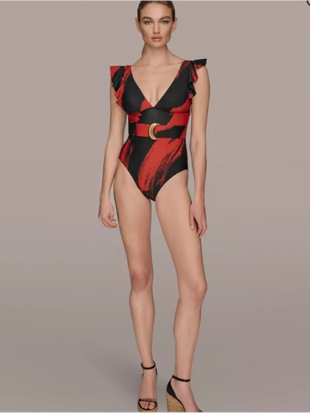 NWT Donna Karan black red Women's Belted Flutter-Sleeve One-Piece Swimsuit M